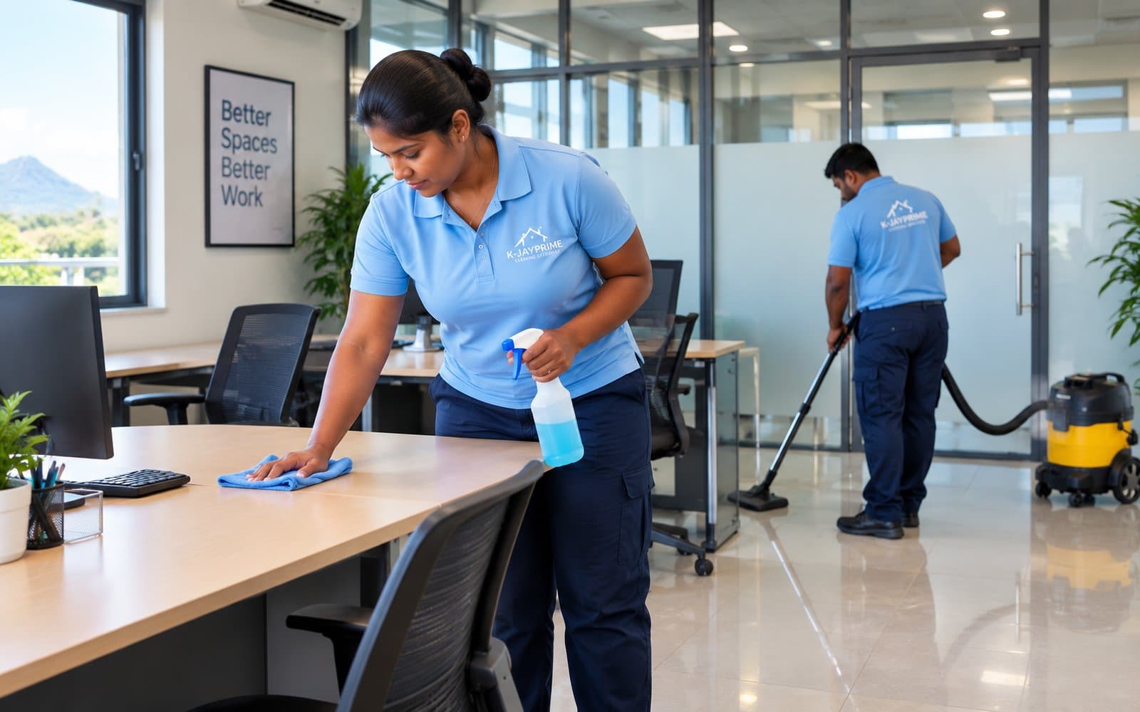 Le personnel K-Jay Prime nettoyant des bureaux à Maurice avant l'ouverture